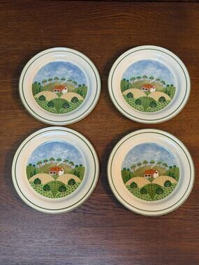 Set of 4 Vintage Sango Sangostone 7 5/8” Salad Plate Set, “Country Cottage” 3645
